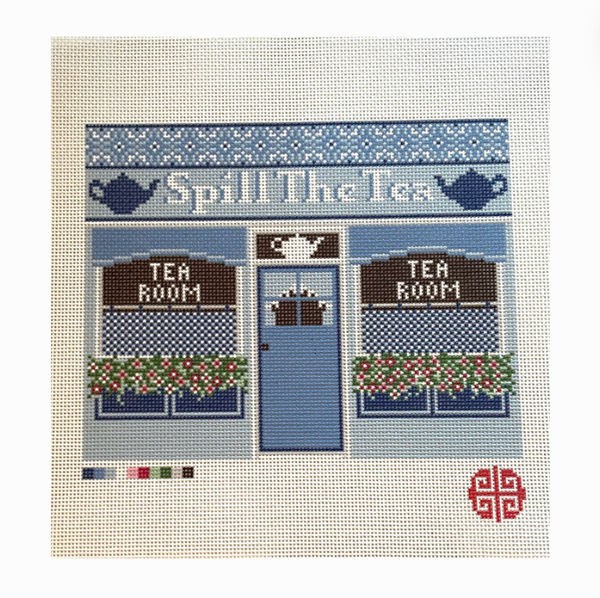 Clutch or Dresser Tray Canvas: Spill The Tea Cafe 13 Mesh Needlepoint Canvas