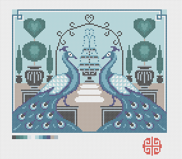 Peacock Garden 7" x 9" needlepoint design on 13 mesh canvas