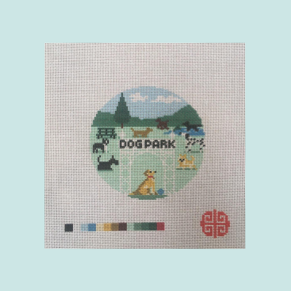 Dog Park Needlepoint Canvas 4" round on 18 mesh