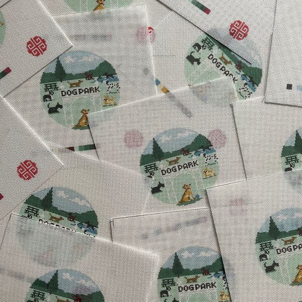 Dog Park Needlepoint Canvas 4" round on 18 mesh
