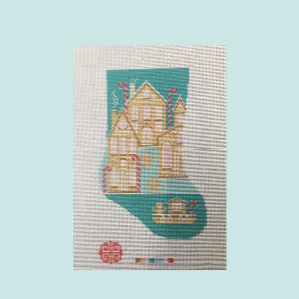 It Takes A Gingerbread Village Seafoam Green Mini Stocking Needlepoint Canvas 18 mesh