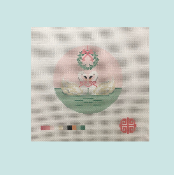 The Christmas Swans Needlepoint Canvas 4" round on 18 mesh
