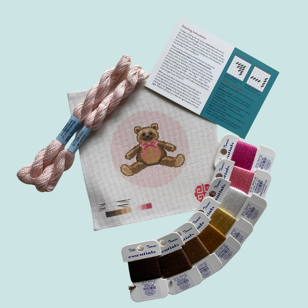 Teddy Bear with Pink Bow Needlepoint Kit 4" Round 18 mesh