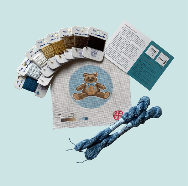 Teddy Bear with Blue Bow Needlepoint Kit 4" Round 18 mesh