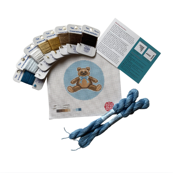 Teddy Bear with Blue Bow Needlepoint Kit 4" Round 18 mesh