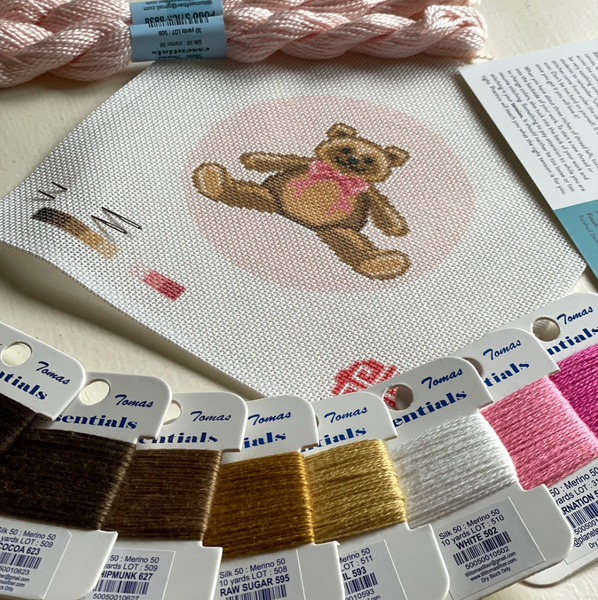 Teddy Bear with Pink Bow Needlepoint Kit 4" Round 18 mesh