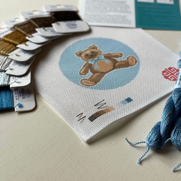 Teddy Bear with Blue Bow Needlepoint Kit 4" Round 18 mesh
