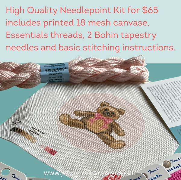 Teddy Bear with Pink Bow Needlepoint Kit 4" Round 18 mesh