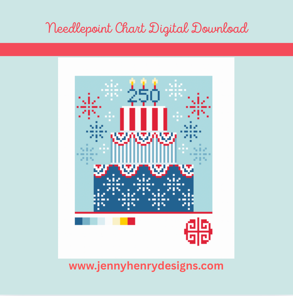 Needlepoint Digital Chart: 4th Of July Birthday Cake 4" x 4" on 18 mesh