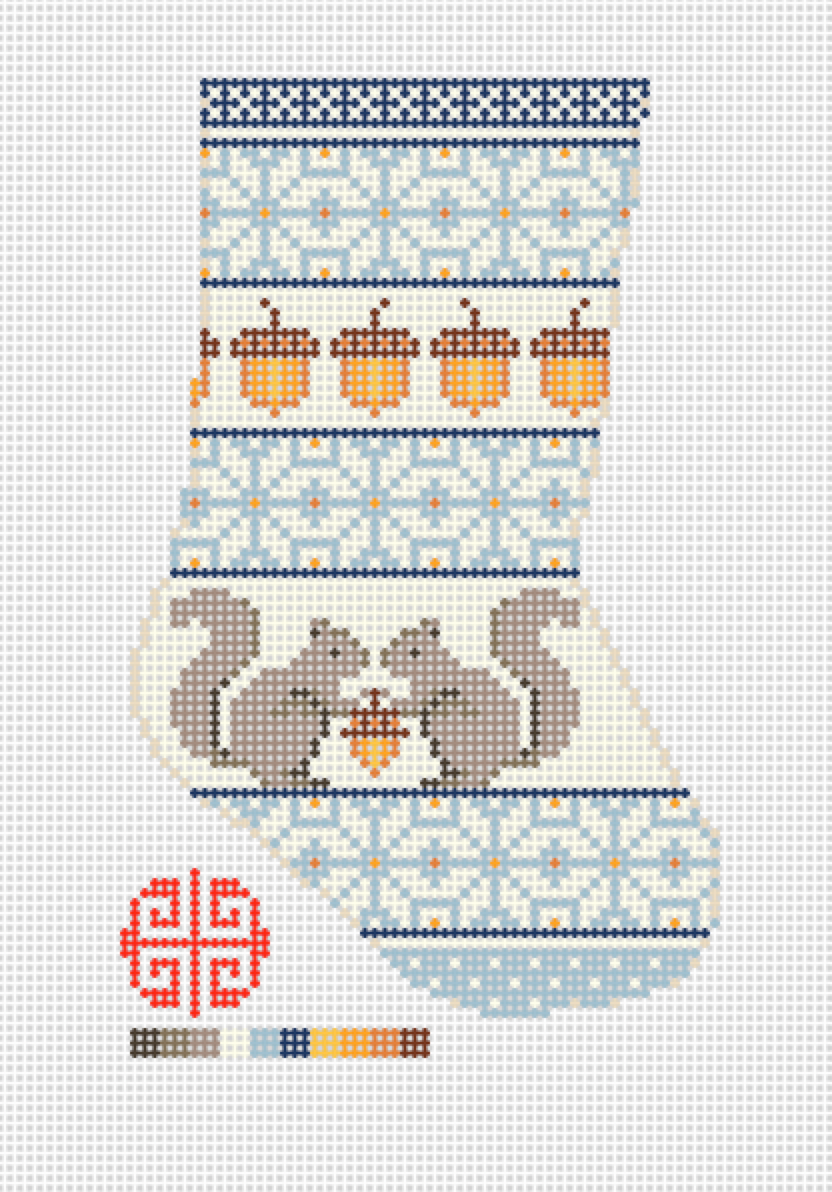 Mini Stocking: Forest Fair Isle Squirrels 13 Mesh Mini Stocking Needlepoint Canvas